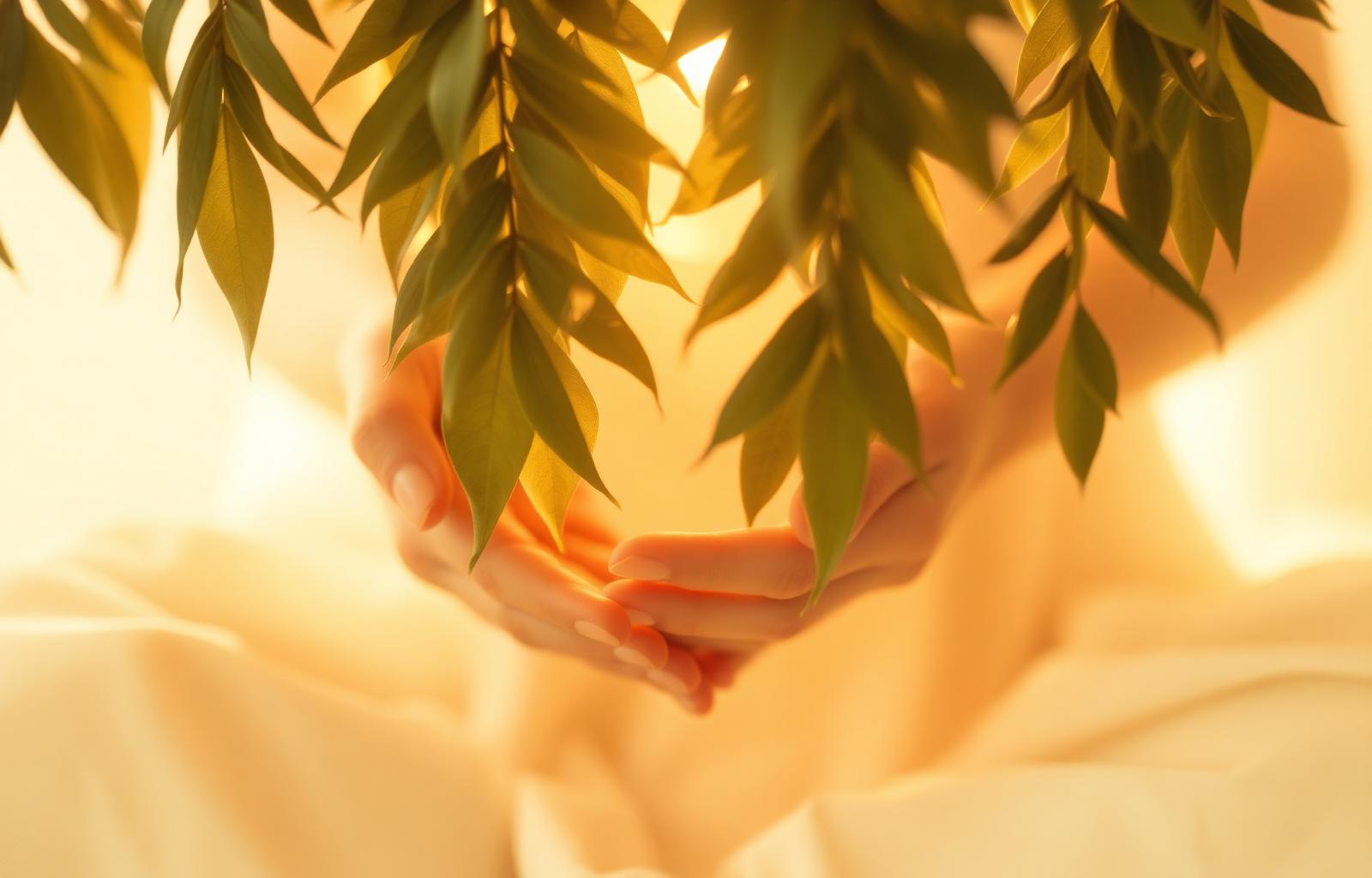 Mãos em gesto contemplativo sob folhas iluminadas